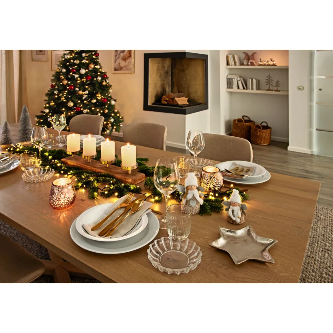 Adventsleuchter Holz mit 4 Kerzenhaltern Mangoholz 50 x 10 cm