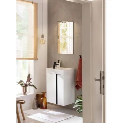 BADMOBIL Waschtischunterschrank LINUS 49 x 63 x 34,5 cm 2 Türen grifflos weiß mit schwarzer Dekorleiste