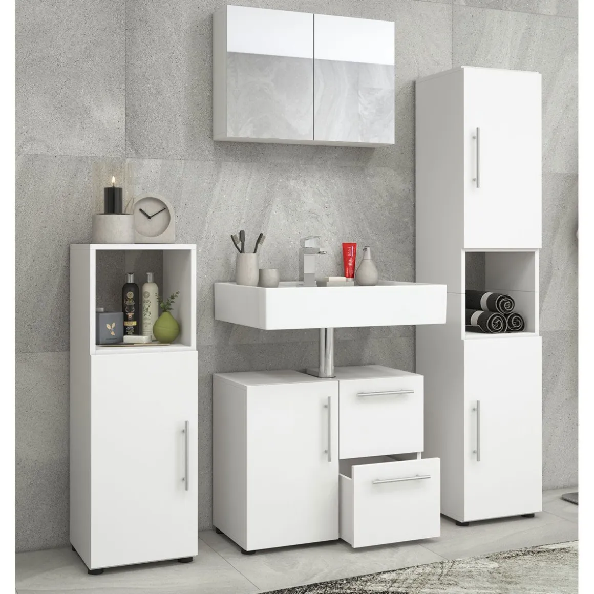 Badset Flandu mit Spiegelschrank weiß