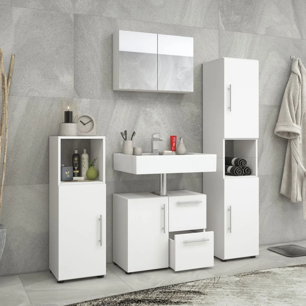 Badset Flandu mit Spiegelschrank weiß