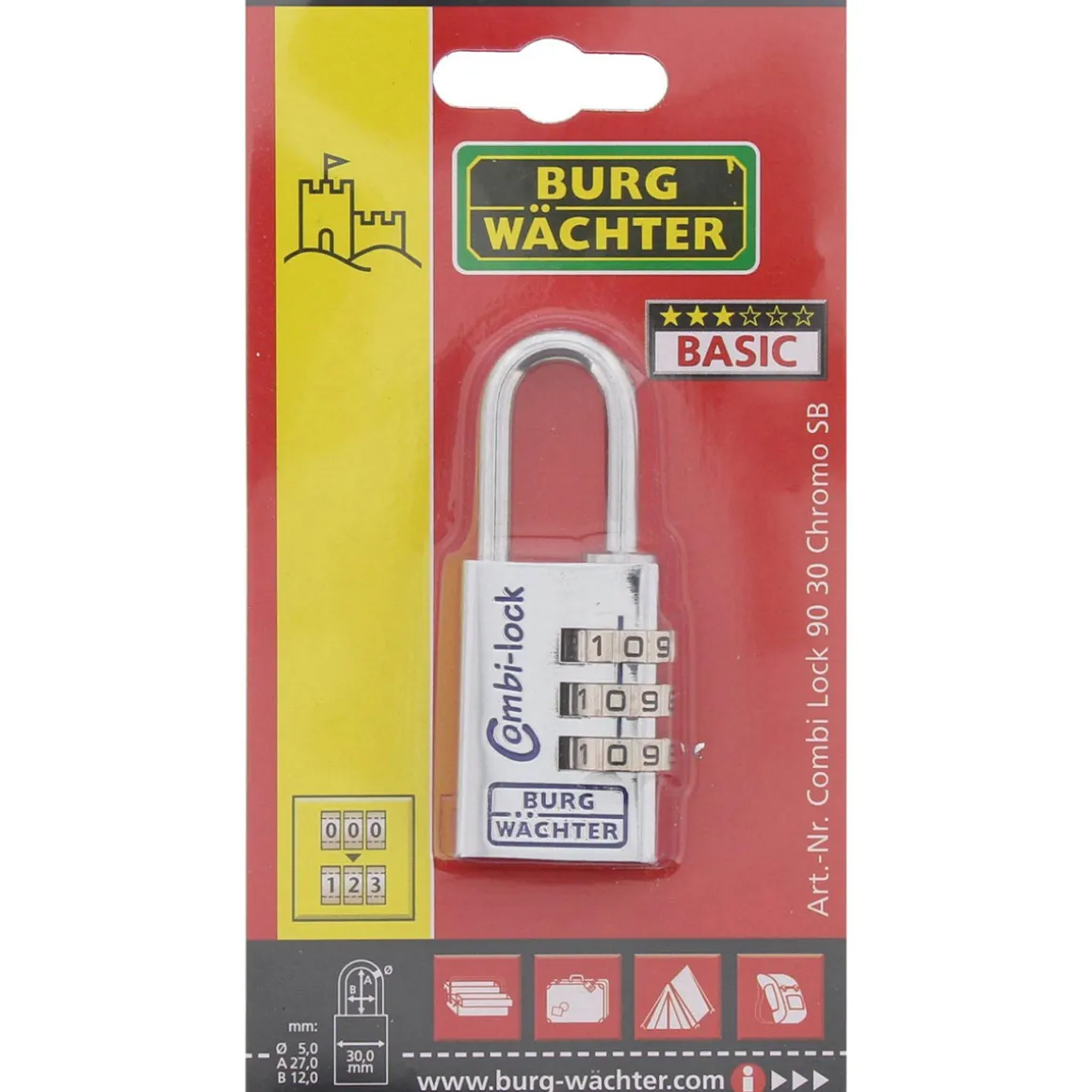 Burg Wächter Zahlen-Vorhängeschloss Combi 90 30 Chromo 30,2 x 73,7 x 15,7 mm