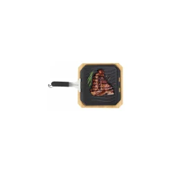 COZZE Steakpfanne gusseiserne Pfanne mit Servierbrett 33 x 33 cm wendbare mit glattern/gerilltem Boden