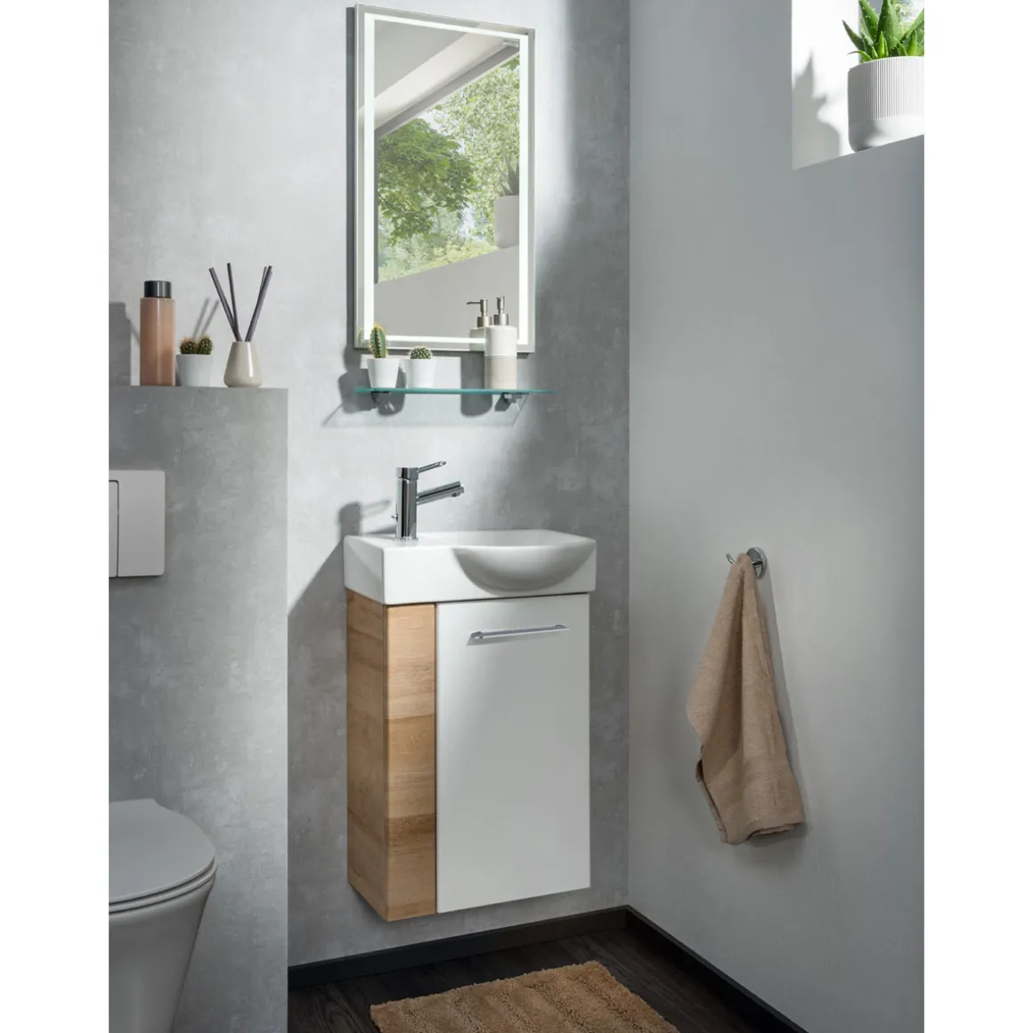 Fackelmann Gäste-WC Waschtischunterschrank rechts SBC 440 x 600 x 243 mm AstEiche/Weiß