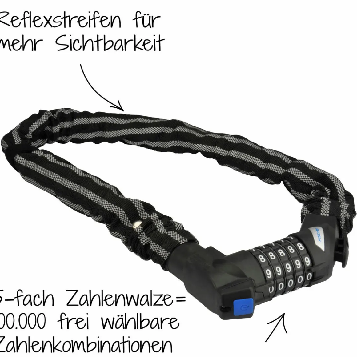 Fischer Bikes Kettenschloss mit Zahlencode und Reflex 80 cm 8 mm