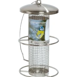 Futterspender mit Gitterröhre mit Anflugringen 14 x 14 x 26 cm Metall Silber