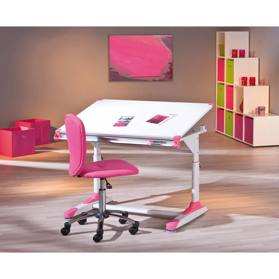 Inter Link Schüler-Schreibtisch „2 Colorido“, weiß Pink-Grün, 100x84x55 cm