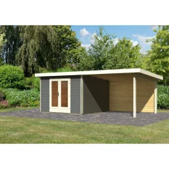 Karibu Blockbohlenhaus Radeburg 1 terragrau mit Anbaudach und Rückwand