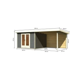 Karibu Blockbohlenhaus Radeburg 1 terragrau mit Anbaudach und Rückwand