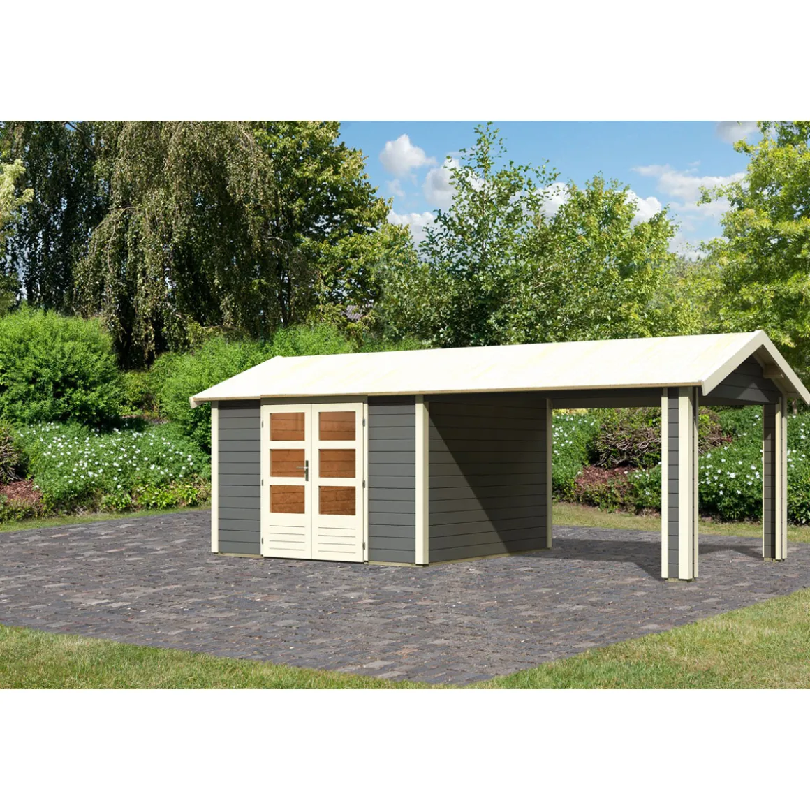 Karibu Blockbohlenhaus Theres 7 terragrau mit Dachausbauelement