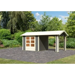 Karibu Blockbohlenhaus Theres 3 terragrau mit Dachausbauelement