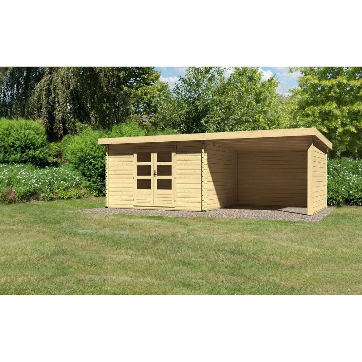Karibu Gartenhaus Bastrup mit Schleppdach 300 cm und Seiten-/Rückwand naturbelassen 357 x 297 x 222 cm