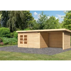 Karibu Gartenhaus-Set Kandem 7 mit Anbaudach 2,95 m mit Seiten- und Rückwand naturbelassen