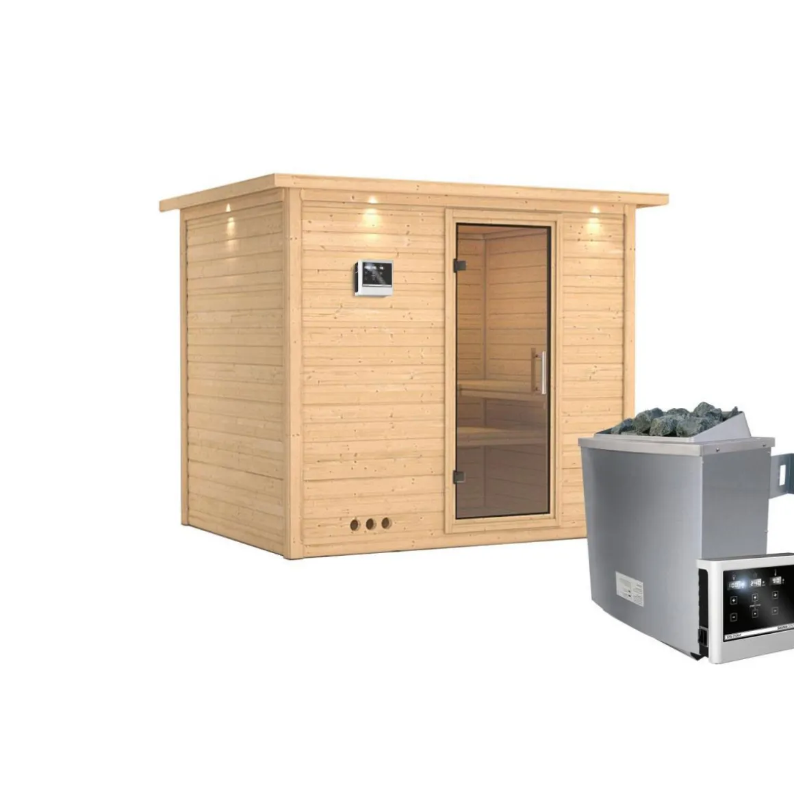 Karibu Sauna Sonara Fronteinstieg 9 kW Ofen externe Strg mit Kranz Klarglas-Tür