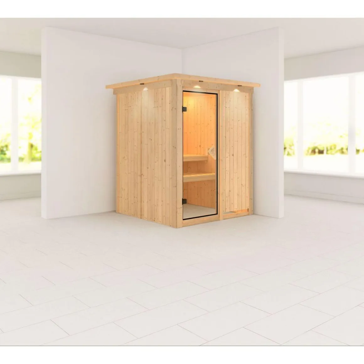 Karibu Systemsauna Minja 68 mm ohne Ofen mit Kranz