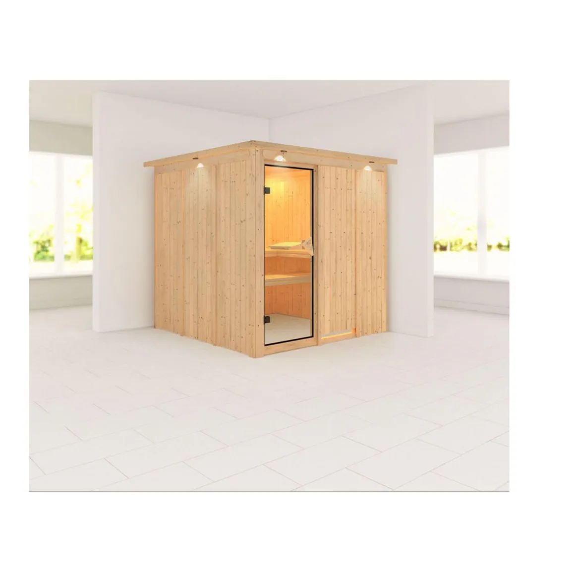 Karibu Systemsauna Rodin 68 mm ohne Ofen mit Dachkranz