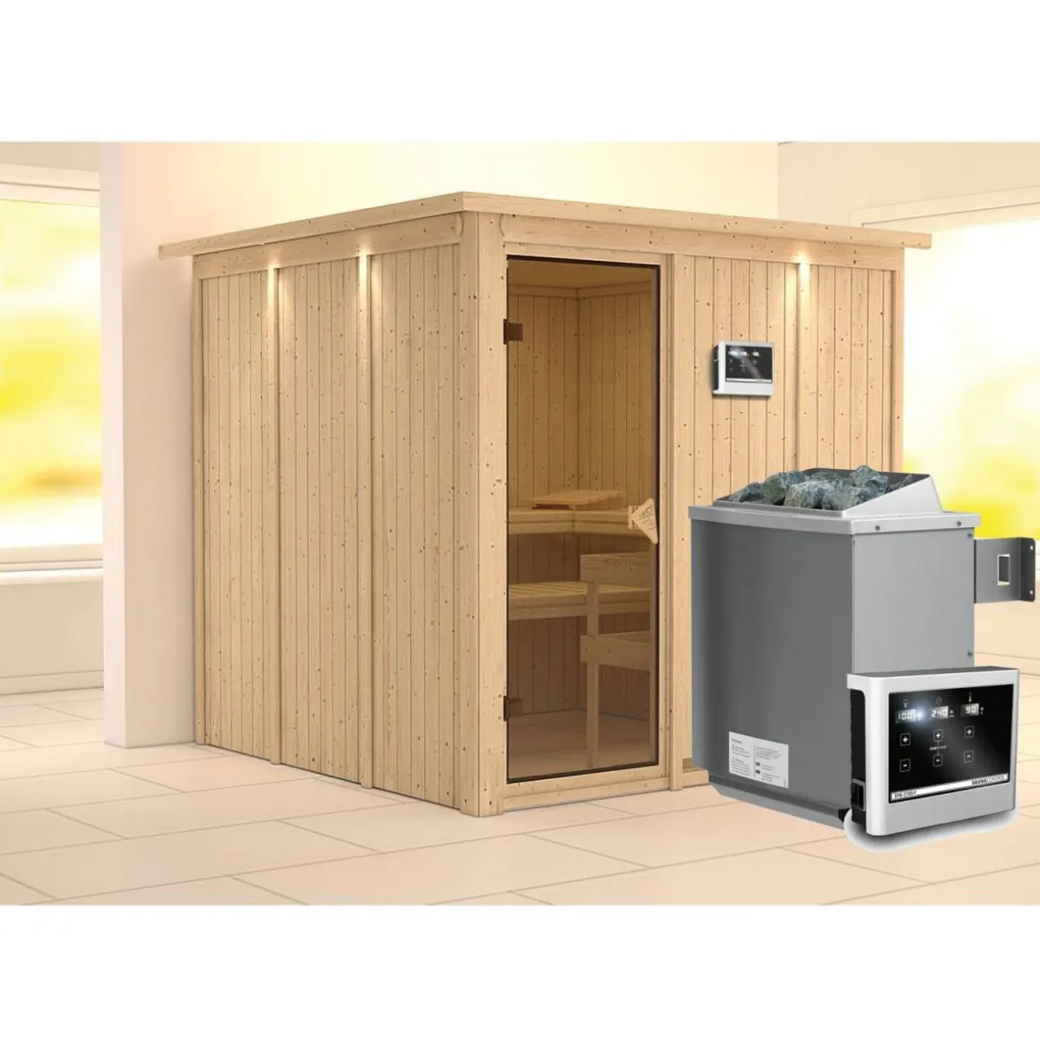 Karibu Systemsauna Rodin 68 mm 9 kW Ofen externe Strg mit Dachkranz