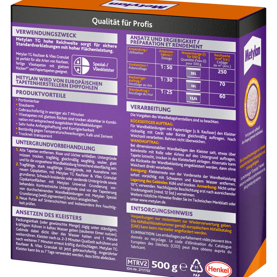 Metylan Tapetenkleister Raufaser & Vlies Granulat TG Hohe Reichweite 500 g
