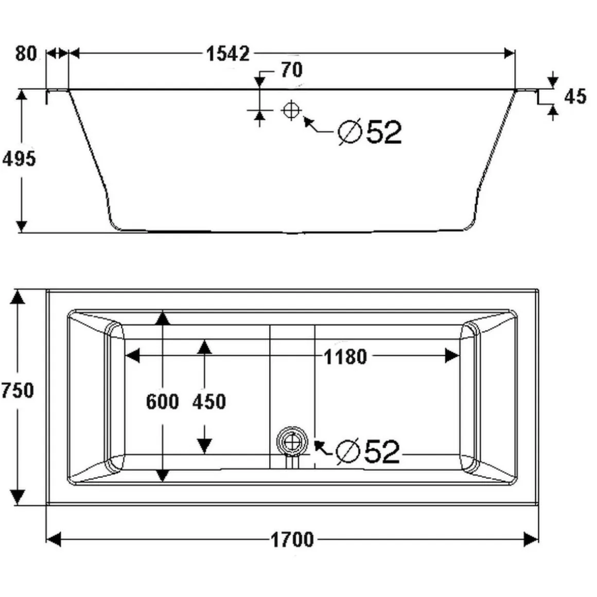 Ottofond Badewanne Cubic 170x75 cm weiß