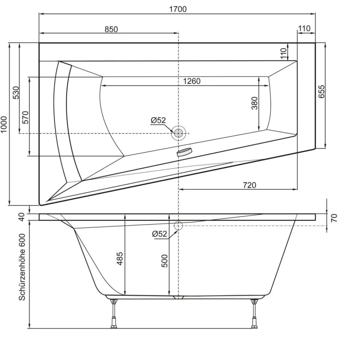 Ottofond Badewanne Galia I Modell B 170 x 100 x 65,5 cm weiß