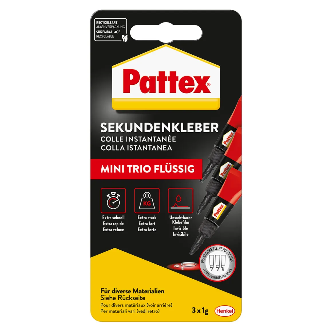 Pattex Sekundenkleber Flüssig Mini Trio 3 x 1 g
