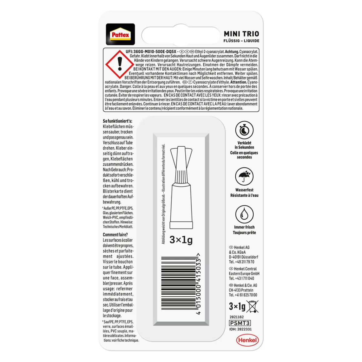 Pattex Sekundenkleber Flüssig Mini Trio 3 x 1 g