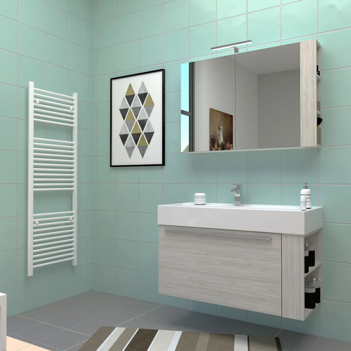 Progetto Idea Stella Badmöbel DOMUS 100 Ulme creme mit Spiegelschrank und Lampe