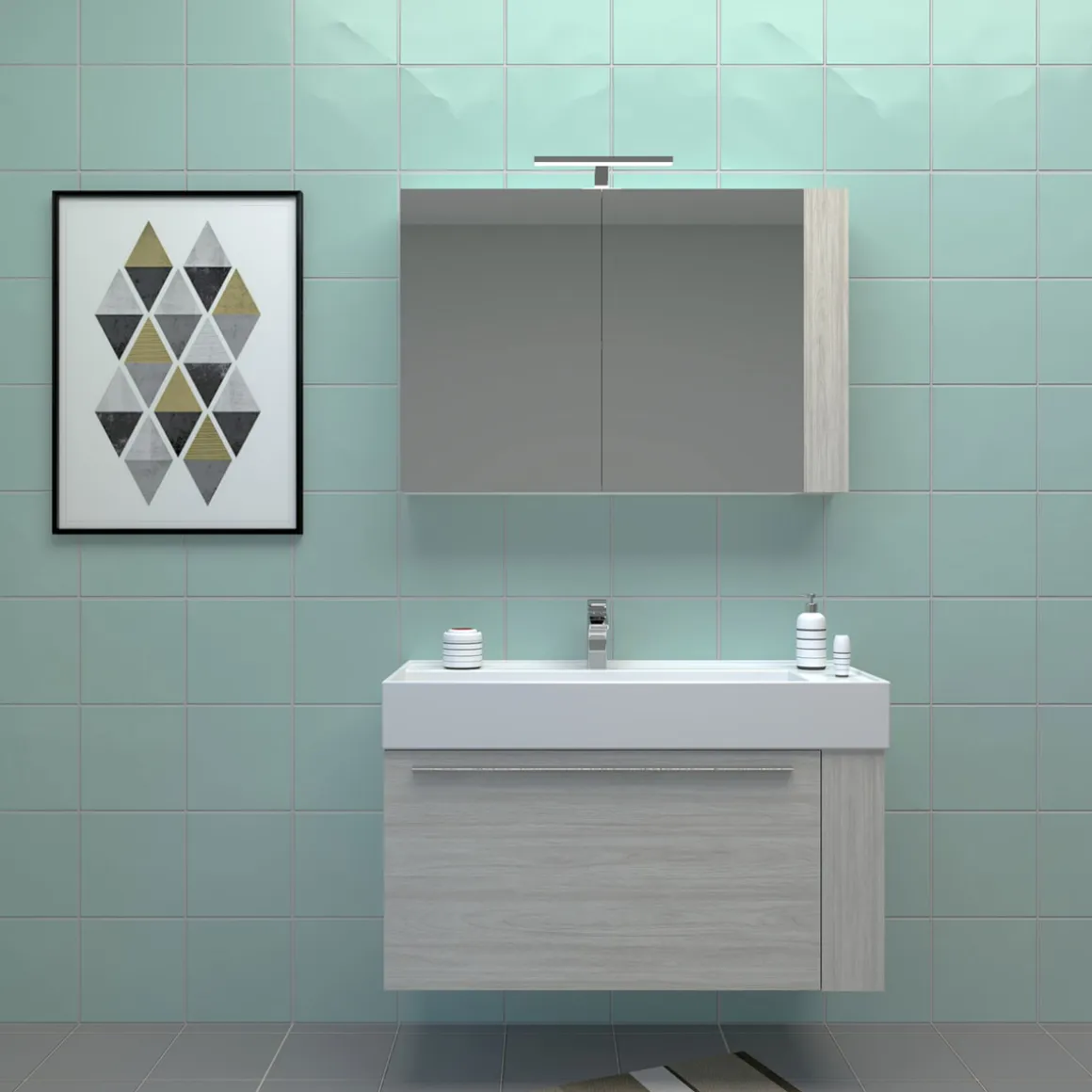 Progetto Idea Stella Badmöbel DOMUS 100 Ulme creme mit Spiegelschrank und Lampe