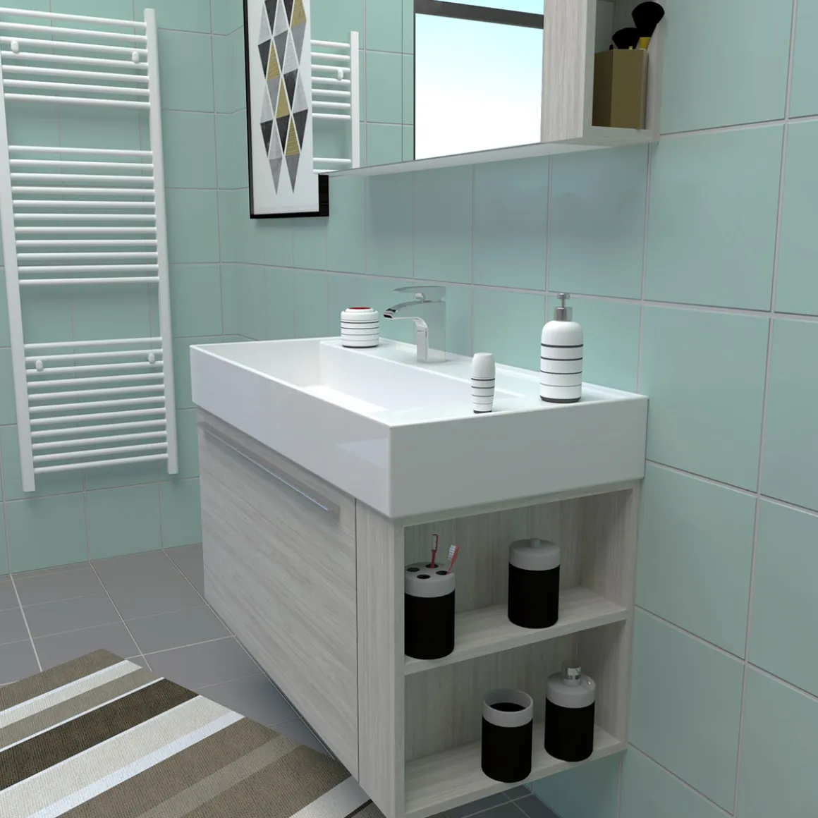 Progetto Idea Stella Badmöbel DOMUS 100 Ulme creme mit Spiegelschrank und Lampe