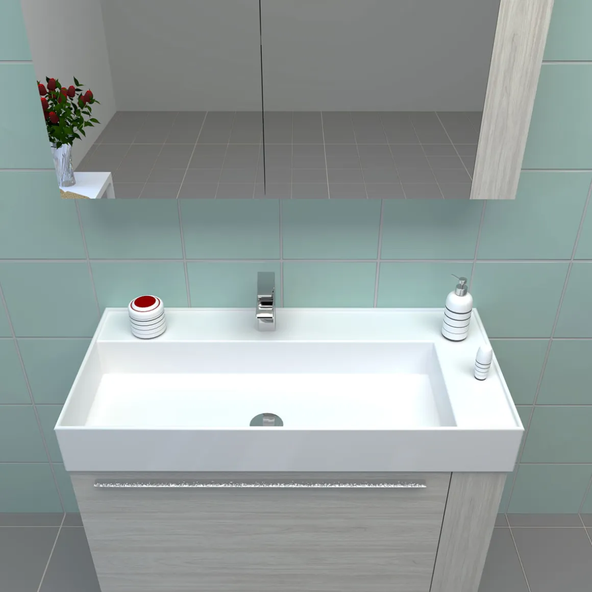 Progetto Idea Stella Badmöbel DOMUS 100 Ulme creme mit Spiegelschrank und Lampe