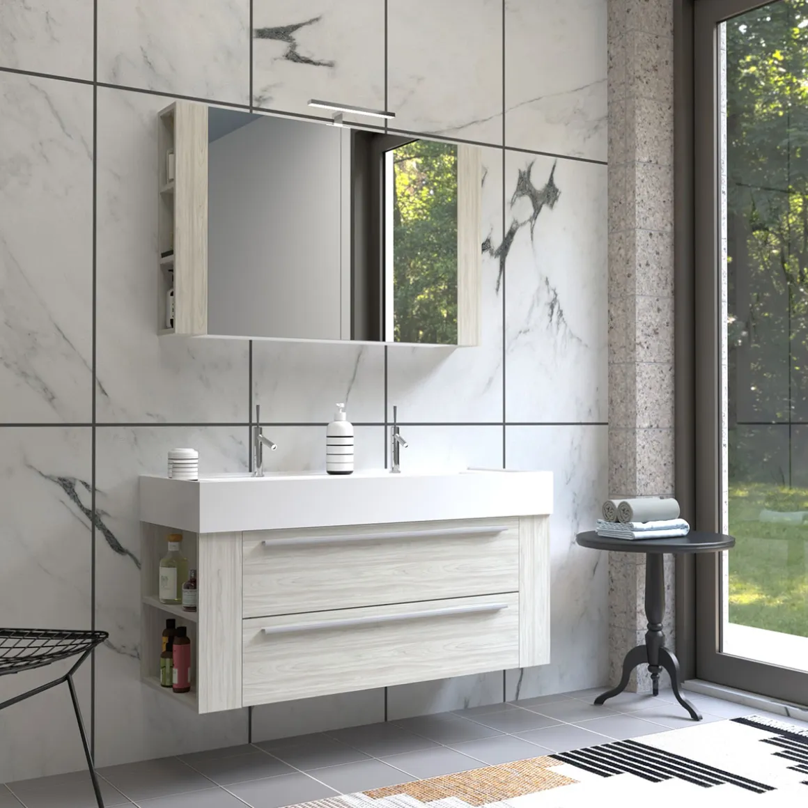 Progetto Idea Stella Badmöbel DOMUS 120 Ulme creme mit Spiegelschrank und Lampe