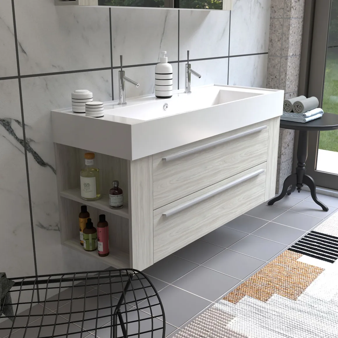 Progetto Idea Stella Badmöbel DOMUS 120 Ulme creme mit Spiegelschrank und Lampe