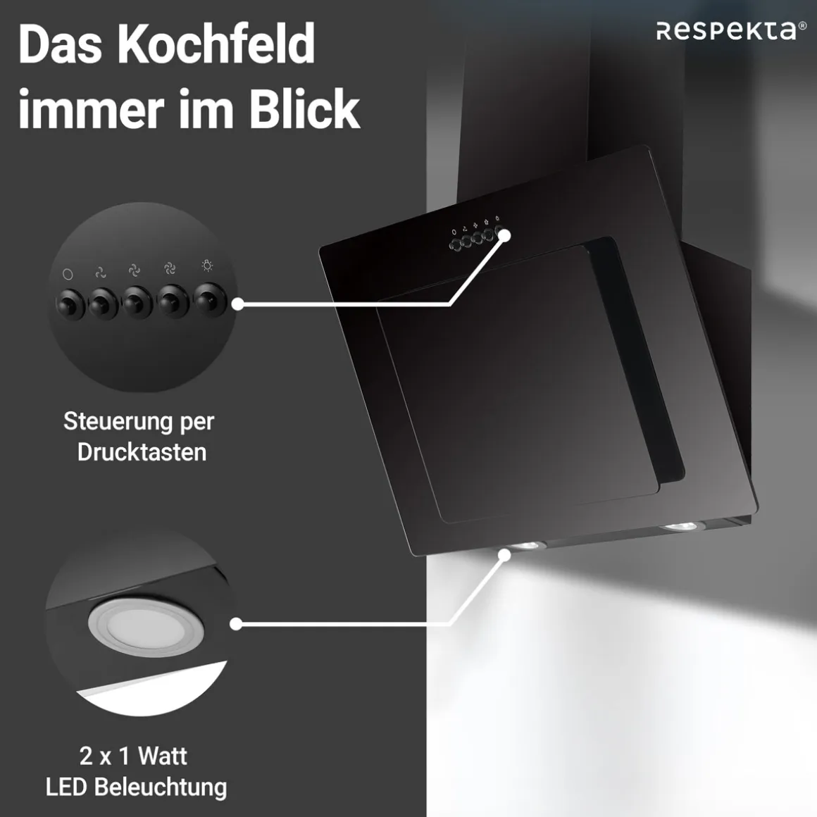 Respekta Haube Schwarz, 60 cm, EEK B3 Leistungsstufen LED-Beleuchtung