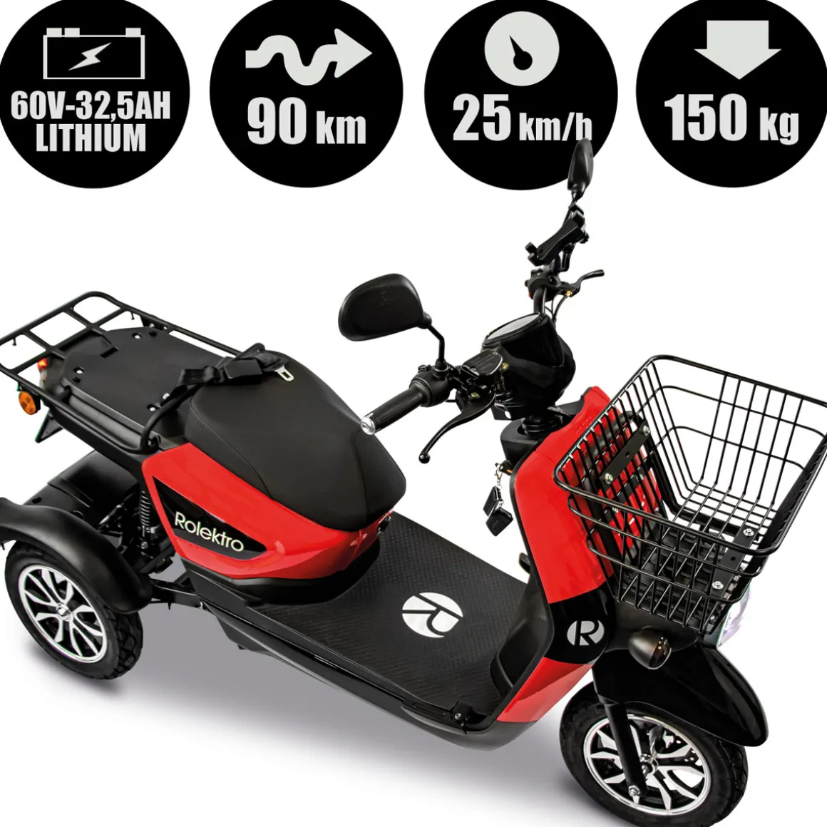 Rolektro E-Carrier 25 V.3 Lithium, Rot, ohne Koffer, 60V-32,5Ah Akku, 1000 Watt