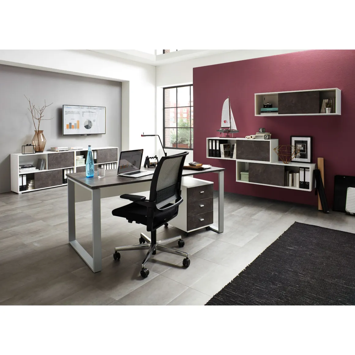 Schreibtisch Altena mit Metallkufen 158 x 75 x 79 cm weiß/Basalto-Dunkel