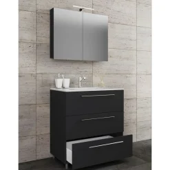 Stand-Waschplatz 80 cm 3-teilig 3 Schubfächer mit Spiegelschrank schwarz