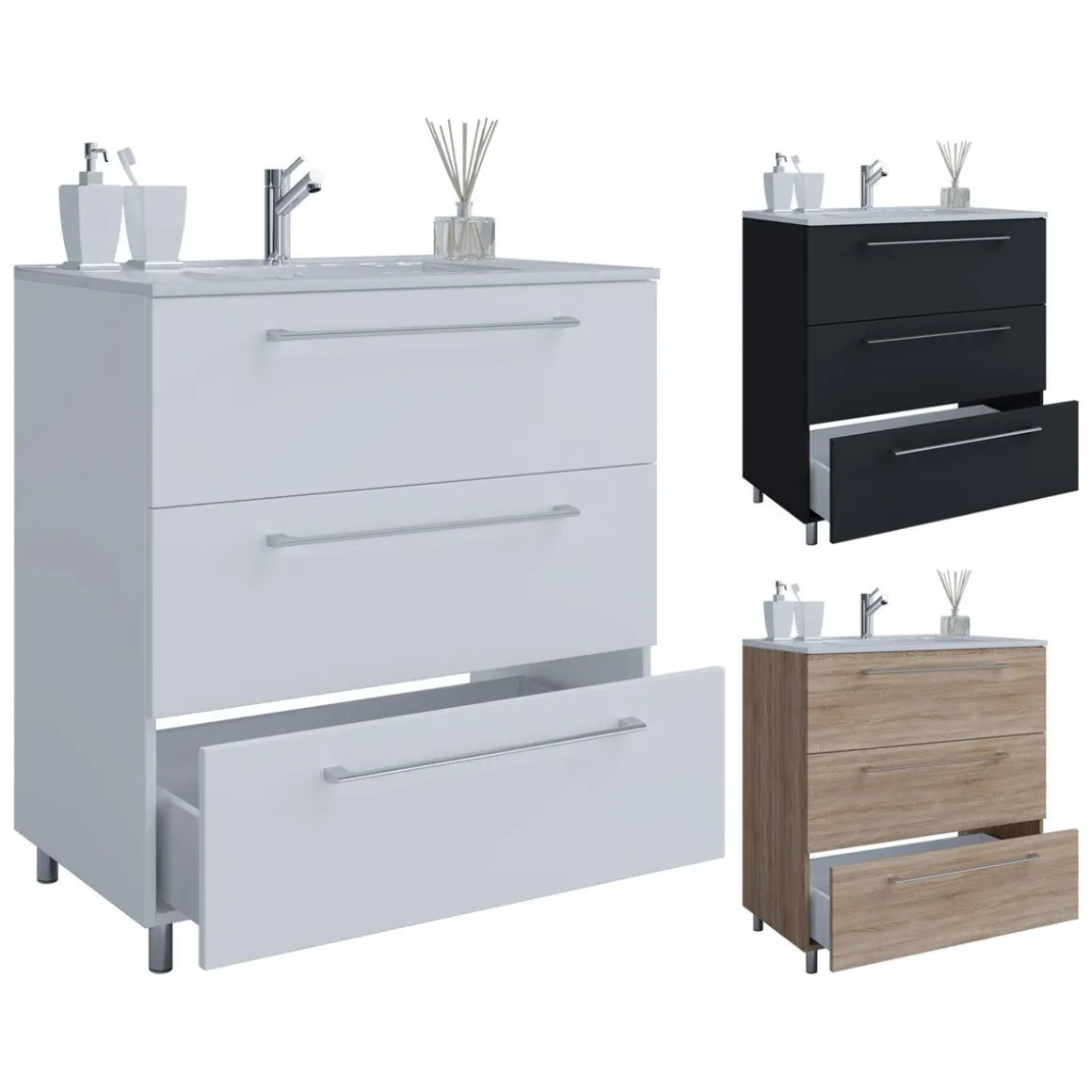 Stand-Waschplatz 80 cm 2-teilig 3 Schubfächer weiß