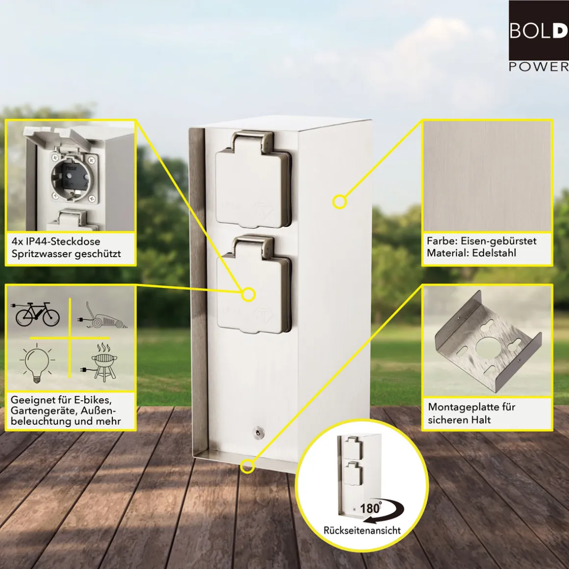 Steckdosensäule ORIO 4fach IP44 Eisen-gebürstet