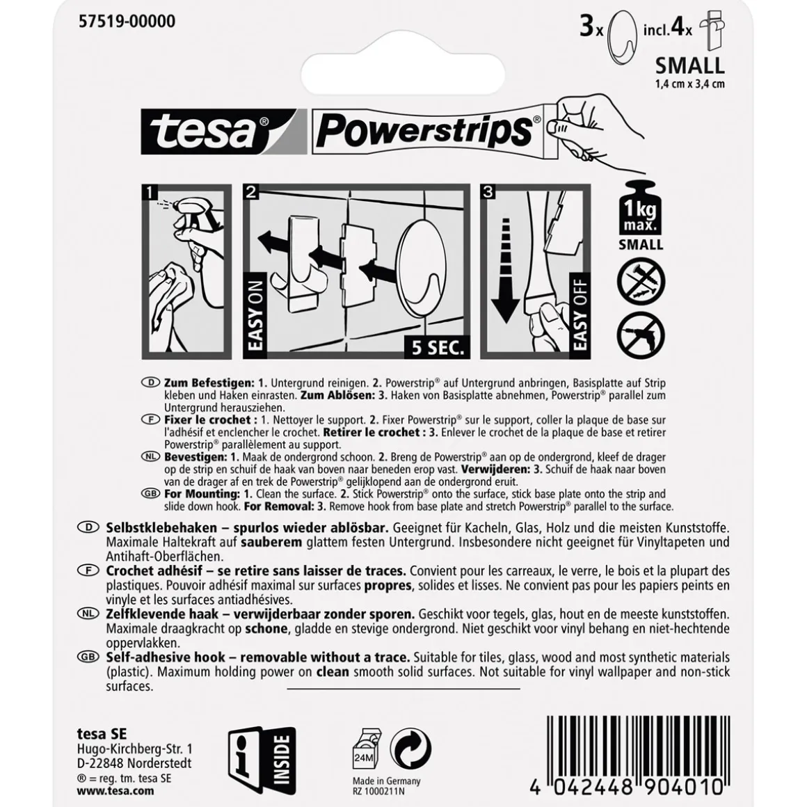 Tesa Haken Powertstripe Small chrom Oval 3 Haken und 4 Strips