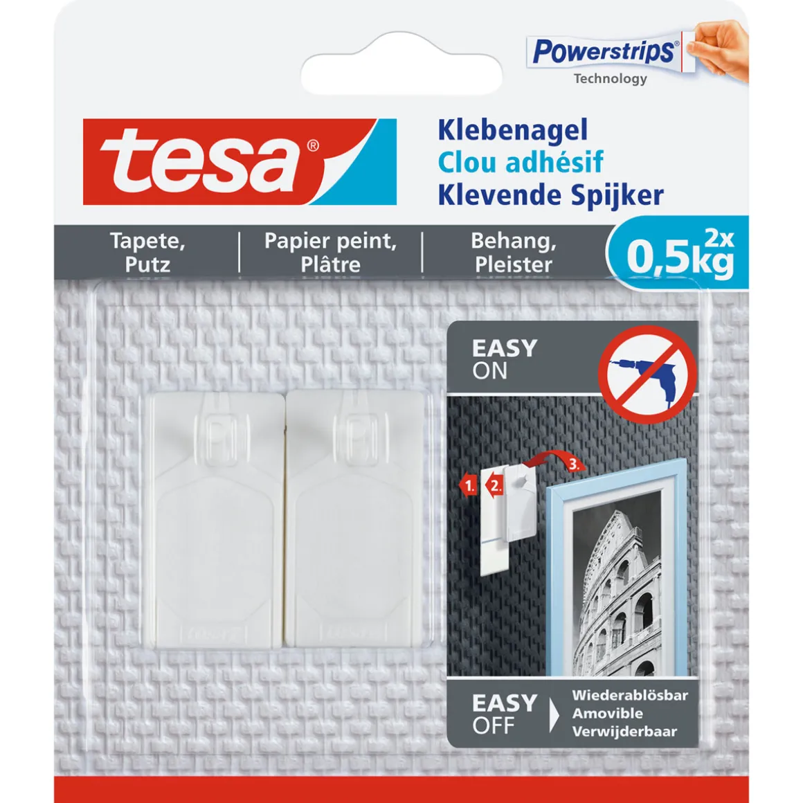 Tesa Klebenagel für Tapete und Putz 2 Stück Traglast 2 x 0,5 kg