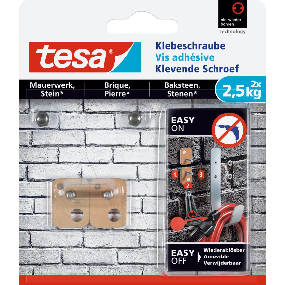Tesa Klebeschraube für Mauerwerk viereckig 2 Stück Traglast 2 x 2,5 kg