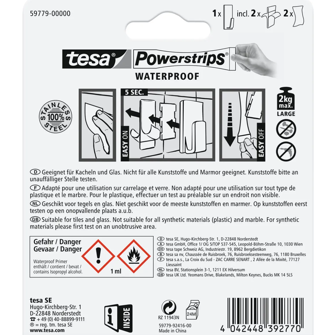 Tesa Powerstrips Waterproof Haken Large Metall rechteckig