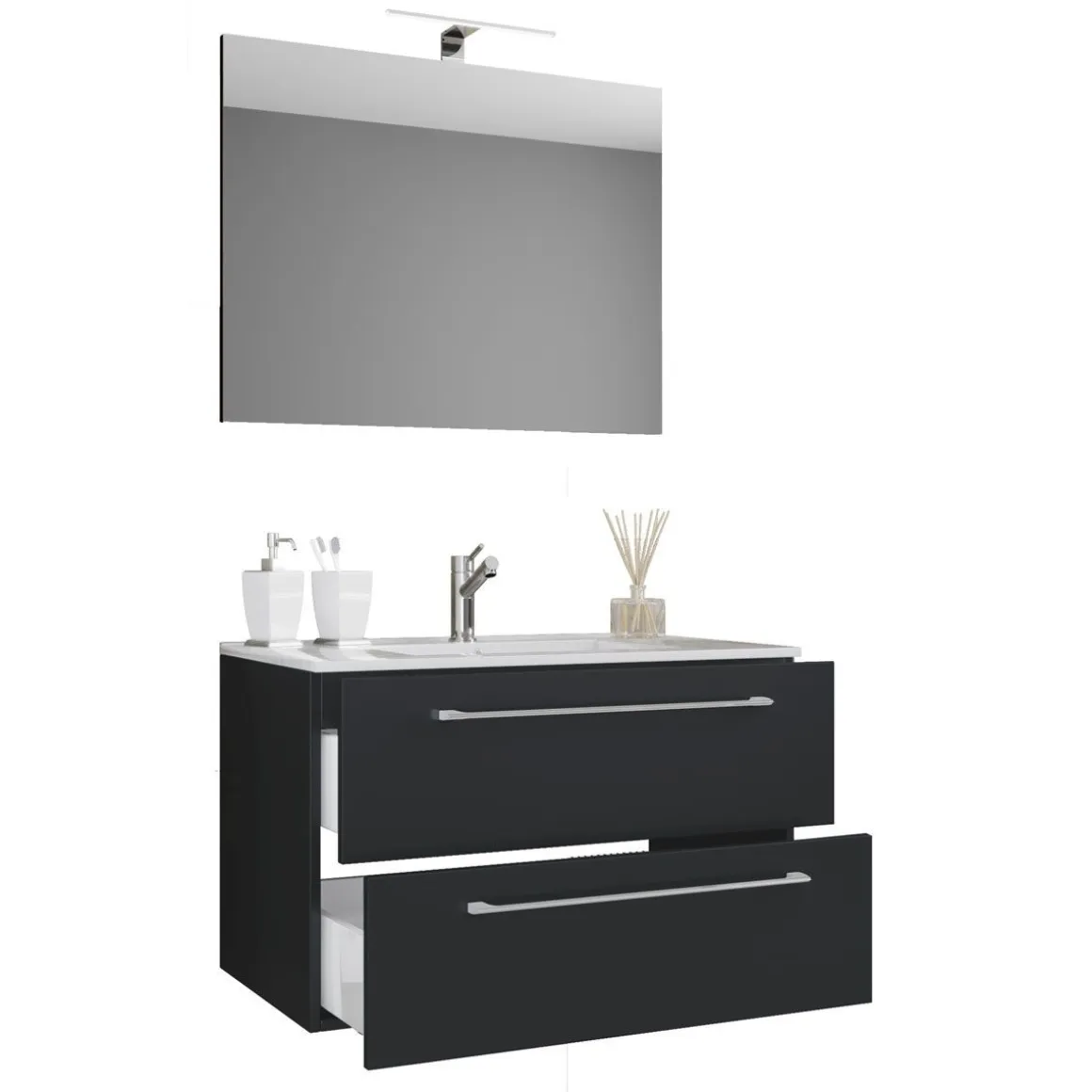 Waschplatz 80 cm 3-teilig 2 Schubfächer mit Spiegel schwarz