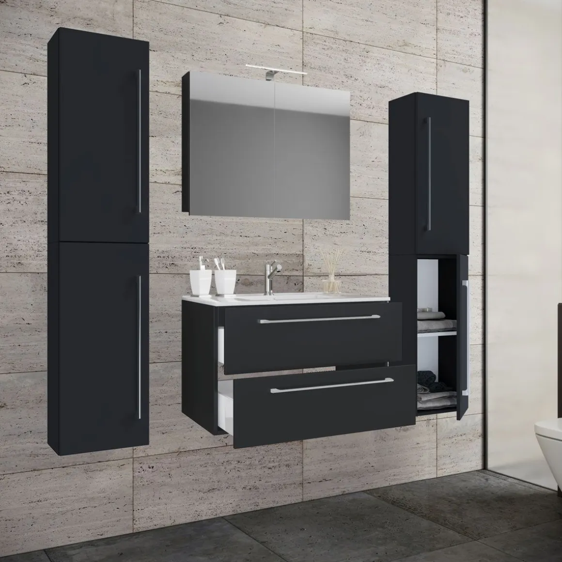 Waschplatz 80 cm 5-teiliges Set 2 Schubfächer mit Spiegelschrank schwarz