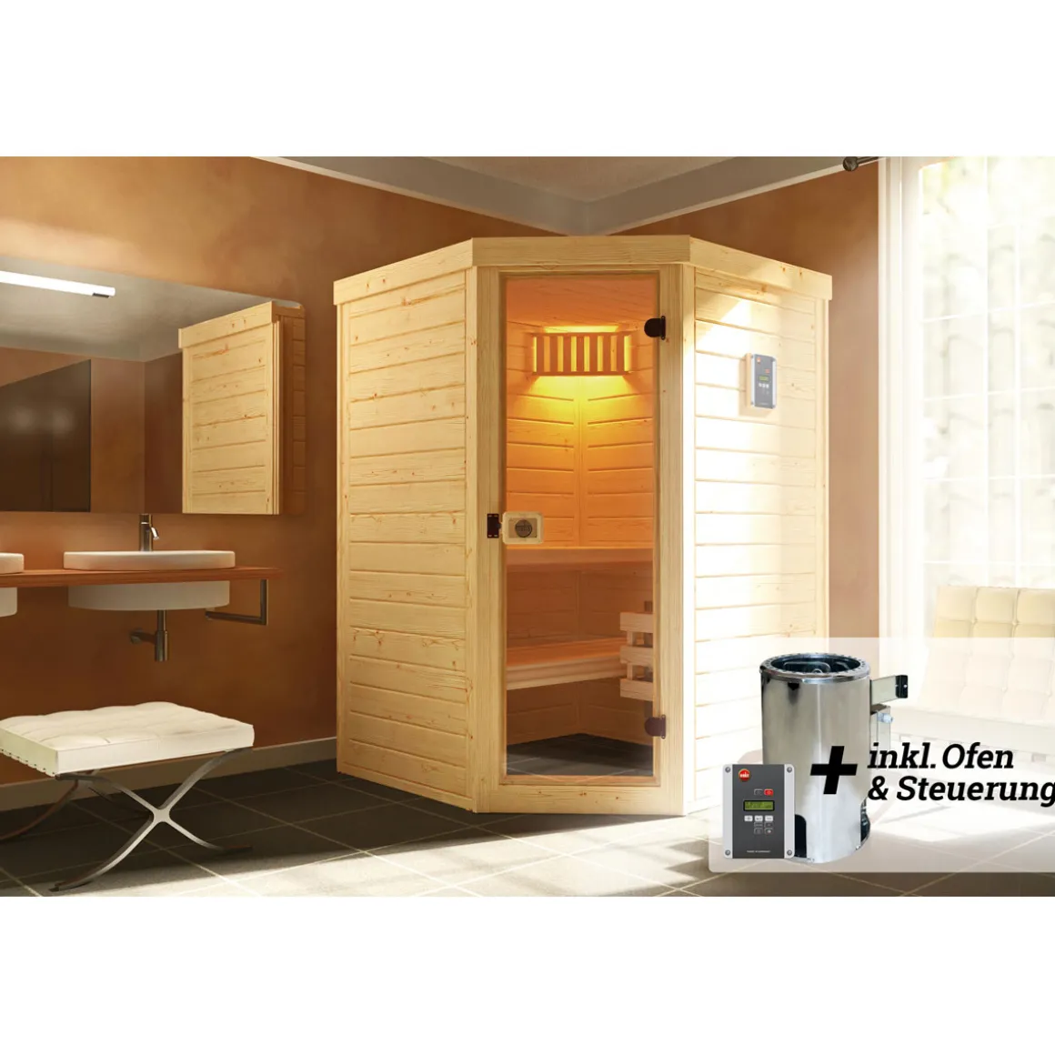 Weka Elementsauna Varberg Eck Größe 4 Sparset 7,5 kW Bio S Glastuer