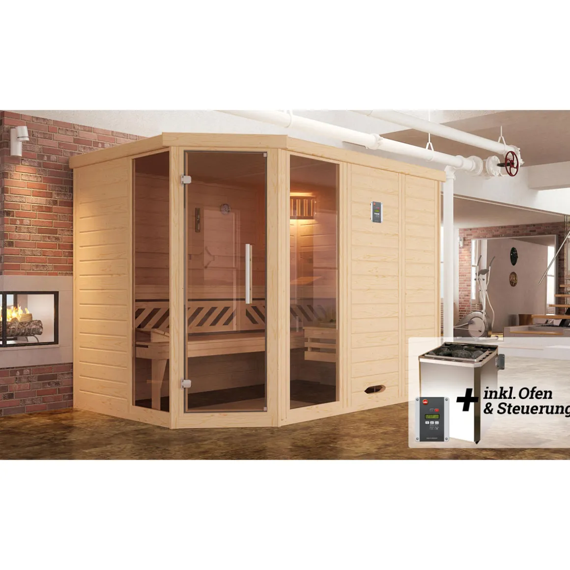 Weka Premium Massivholz-Elementsauna Kemi Eck Größe 3 Sparset 7,5 kW Bio S