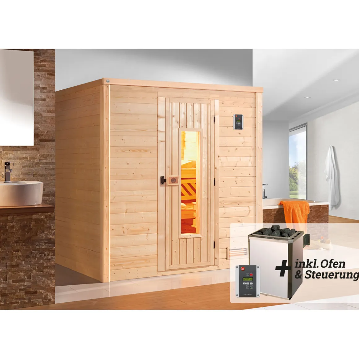 Weka Premium Massivholz-Sauna Bergen Größe 1.8 Sparset 7,5 kW OS
