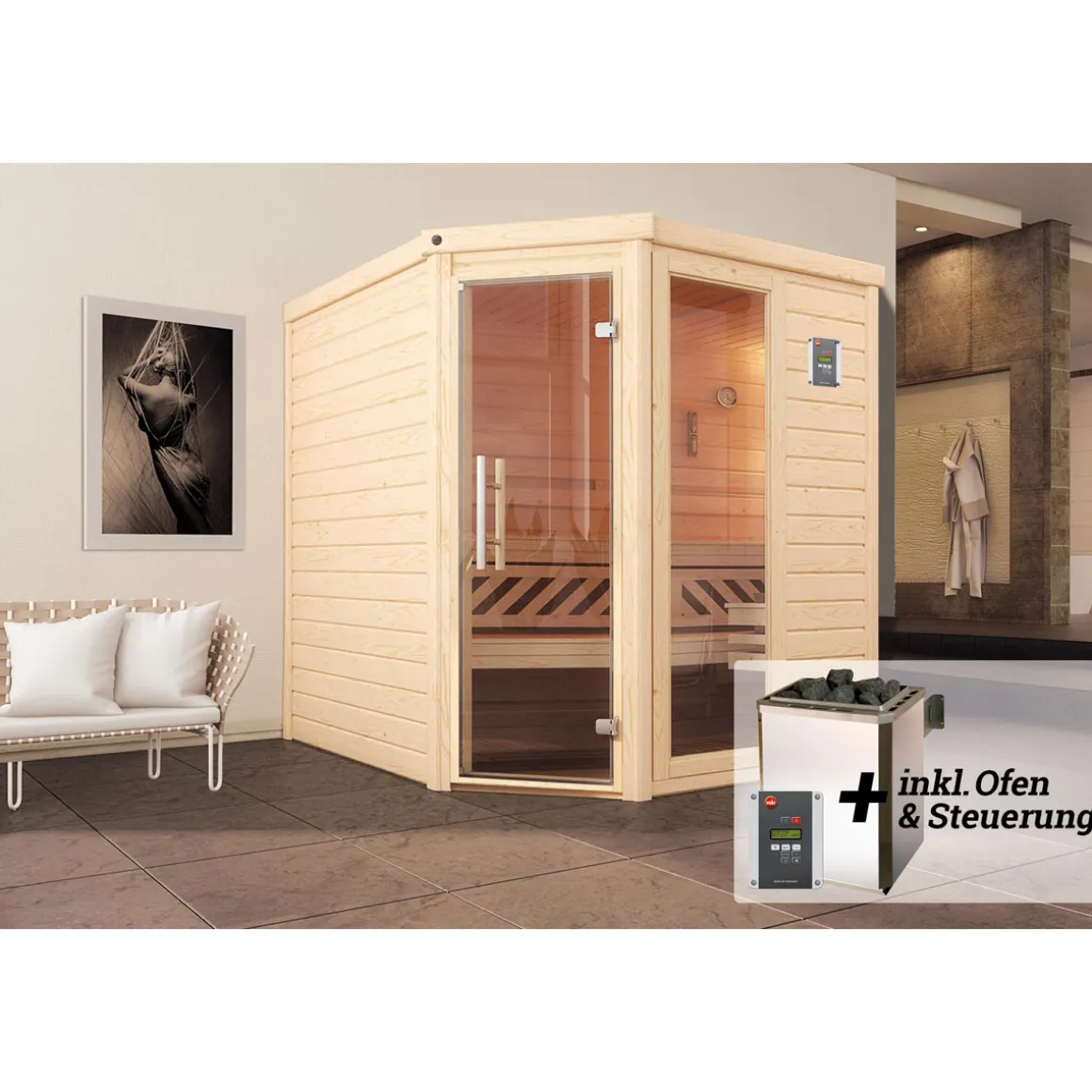 Weka Premium Massivholz-Sauna TURKU Eck Größe 2 Sparset 7,5 kW OS Glastuer