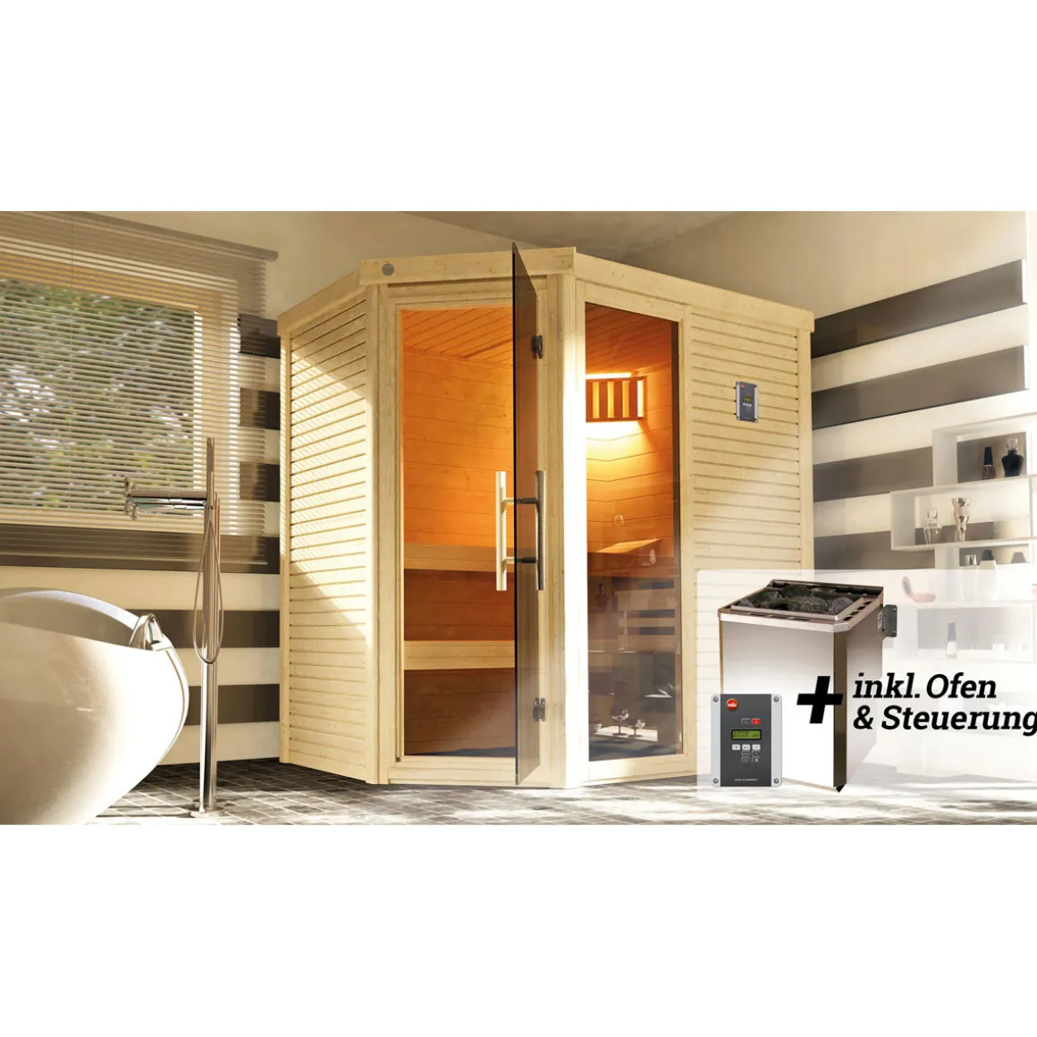 Weka Premium Massivholz-Sauna TURKU Größe 2 Sparset 7,5 kW Bio S