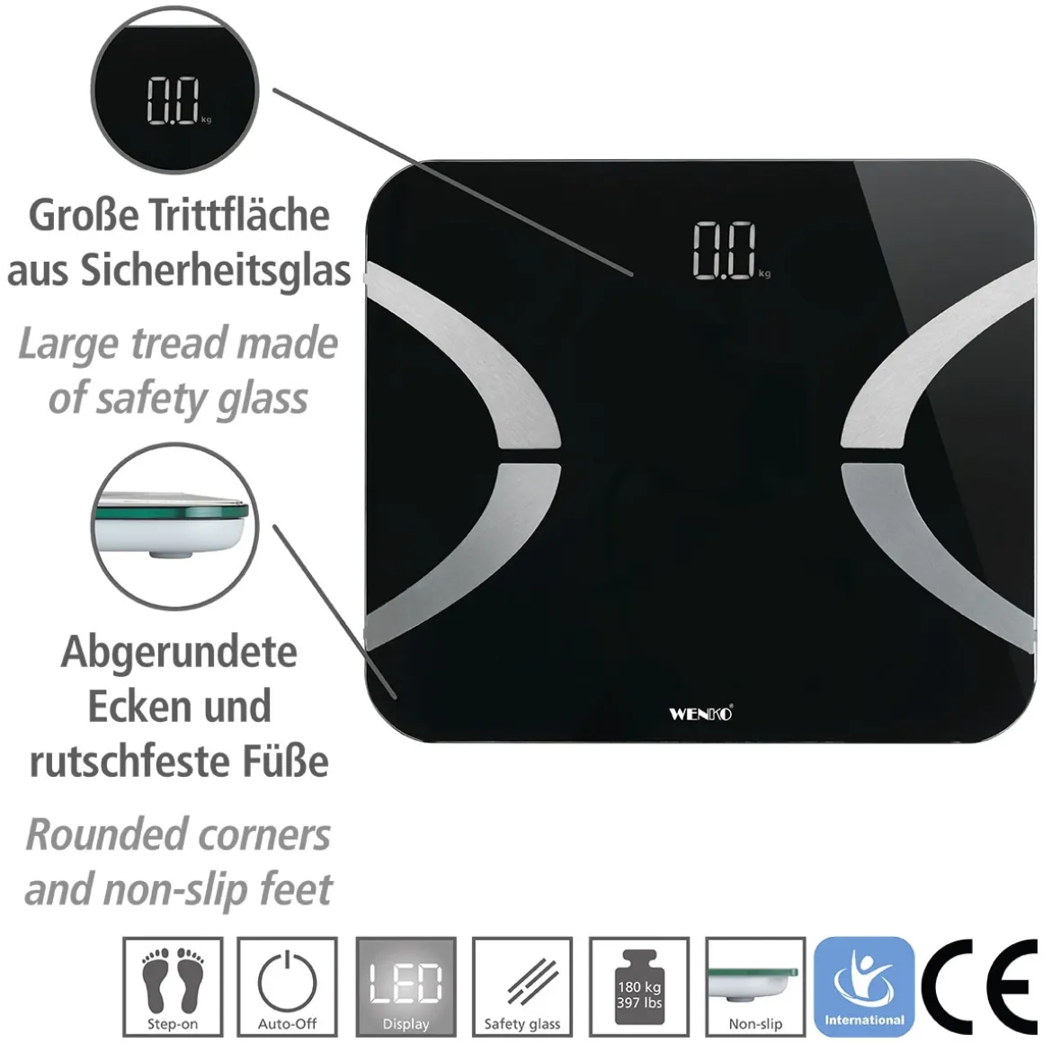 Wenko Analysewaage LED mit Bluetooth Schwarz Körperfettwaage