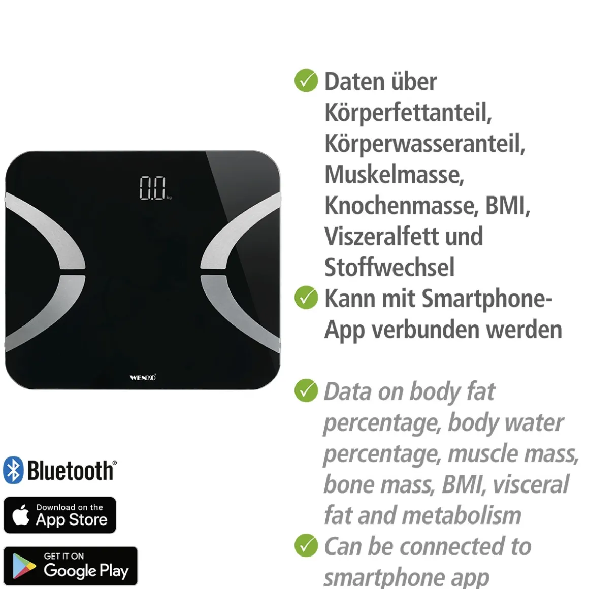 Wenko Analysewaage LED mit Bluetooth Schwarz Körperfettwaage
